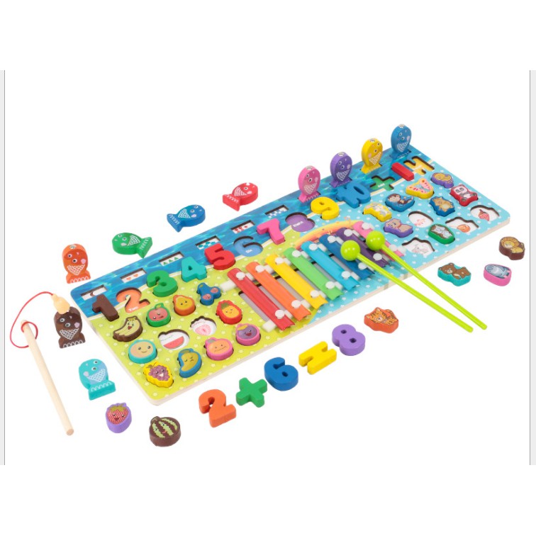 ~Edukasi 7in1 Puzzle Kayu Anak Huruf dan Angka Pancing Ikan Montessori Wooden Toys-6in1 piano
