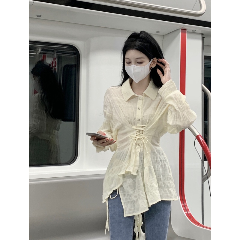 Niche perban pinggang kemeja wanita sedikit transparan kemeja lengan panjang desain musim panas atas