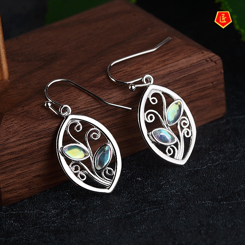 [Ready Stock]Creative Leaf-Shaped S925 Silver Colorful Moonstone Earrings