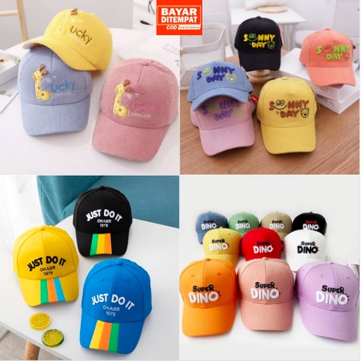 Topi Baseball Anak Bordir Lucky / Sunny Day / Just Do It / Super Dino Usia 1-8 Tahun Laki Perempuan Kualitas Premium Termurah !!