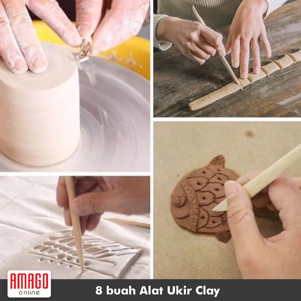 8 pcs Pottery Clay Tools Set - Alat Ukir Clay Tembikar Tanah Liat bahan dari Kayu dan Stainless