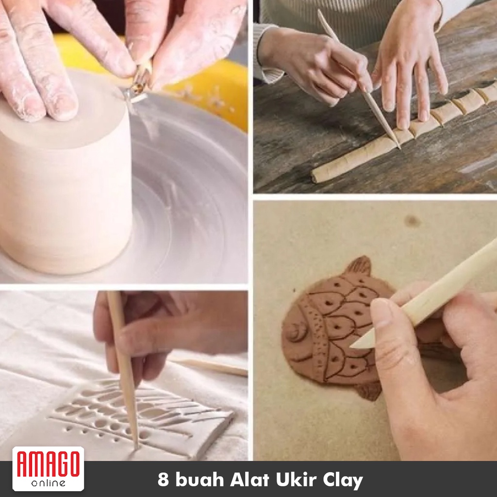 8 pcs Pottery Clay Tool Set - Alat Ukir Clay Tembikar Tanah Liat bahan dari Kayu dan Stainless