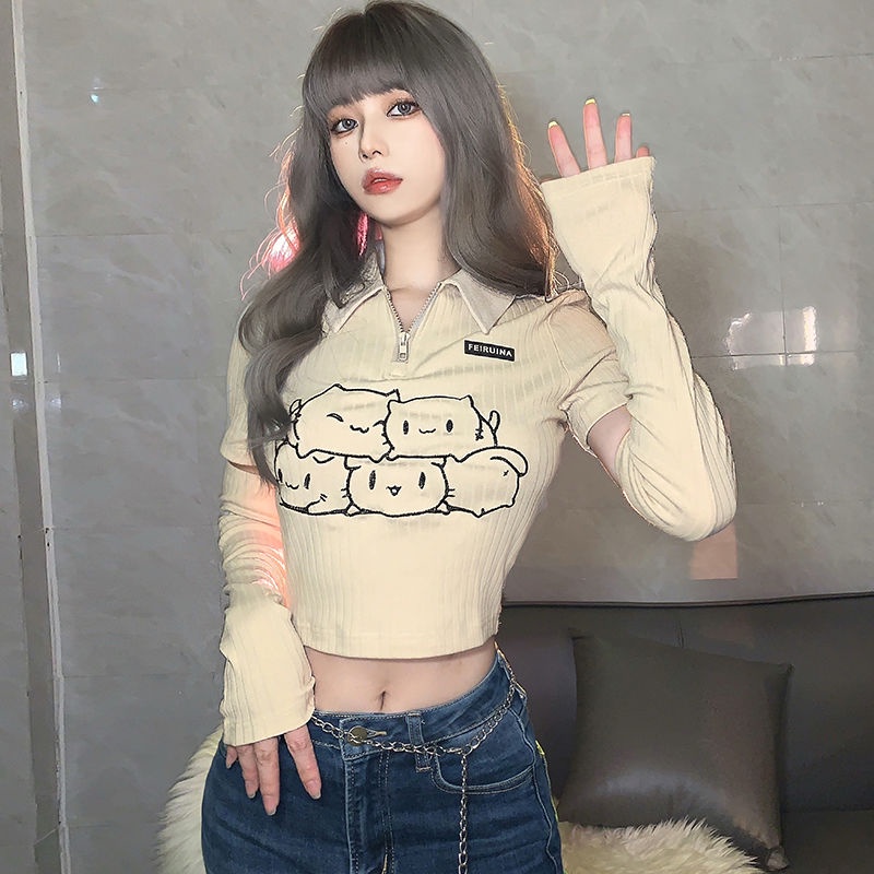 Cute girly retro cream print POLO collar top wanita pinggang tinggi slim fit cropped pusar T-shirt l