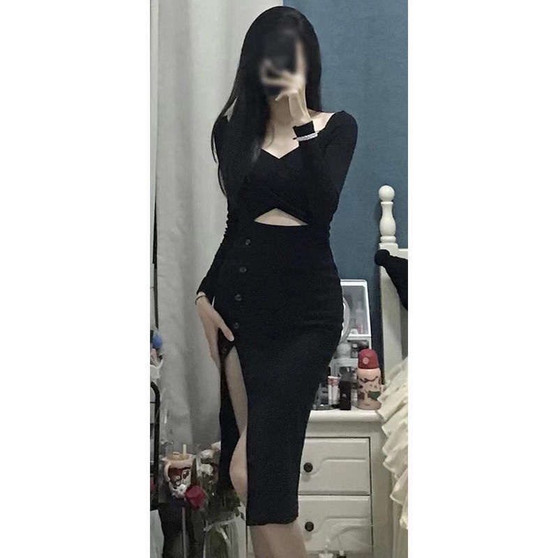 gaun gaya korea desain potongan jahitan gaun rok midi slim fit slit menunjukkan panjang kaki paket r