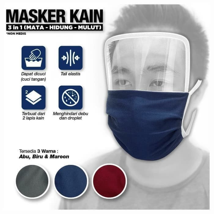 Masker plus pelindung mata/face shield plus masker kain/masker+tameng mika