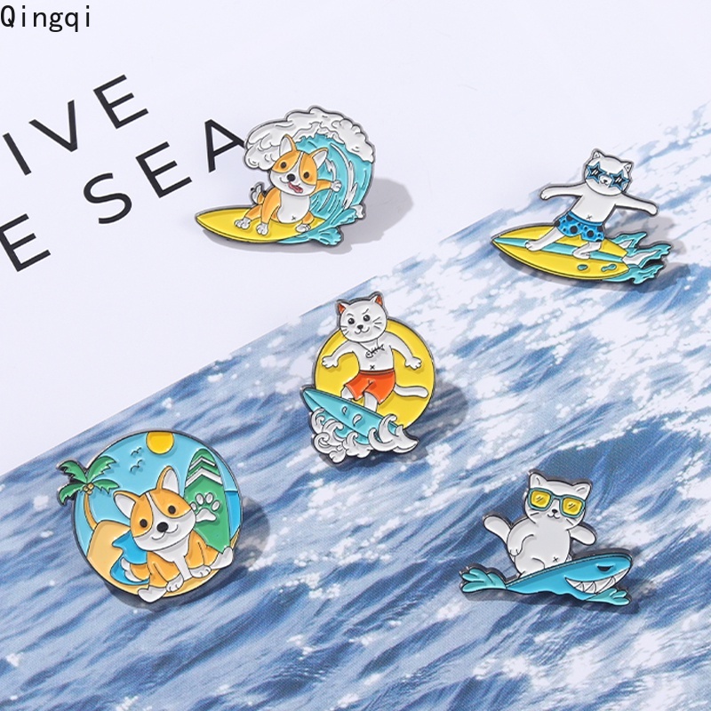 Bros Pin Enamel Bentuk Kartun Surfing Kucing Anjing Untuk Hadiah