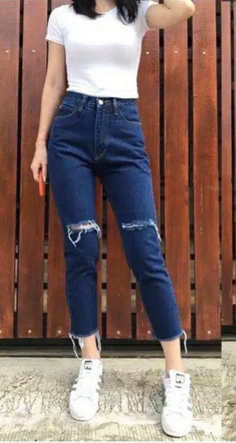 4 warna - HIGHWAIST boyfriend unfinished cut jeans custom sobek lutut / cut knee gunting bawah