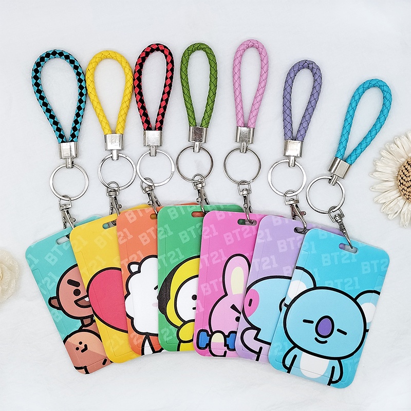 Baru KPOP BTS BT21 Kartun Lucu ID Card Holder Card Case Dengan Jari Gantungan Kunci Tali Lanyard