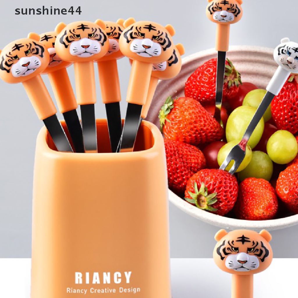 Sunshine 6Pcs / Set Garpu Buah / Dessert Desain Kartun Lucu Bahan Stainless Steel Dengan Holder