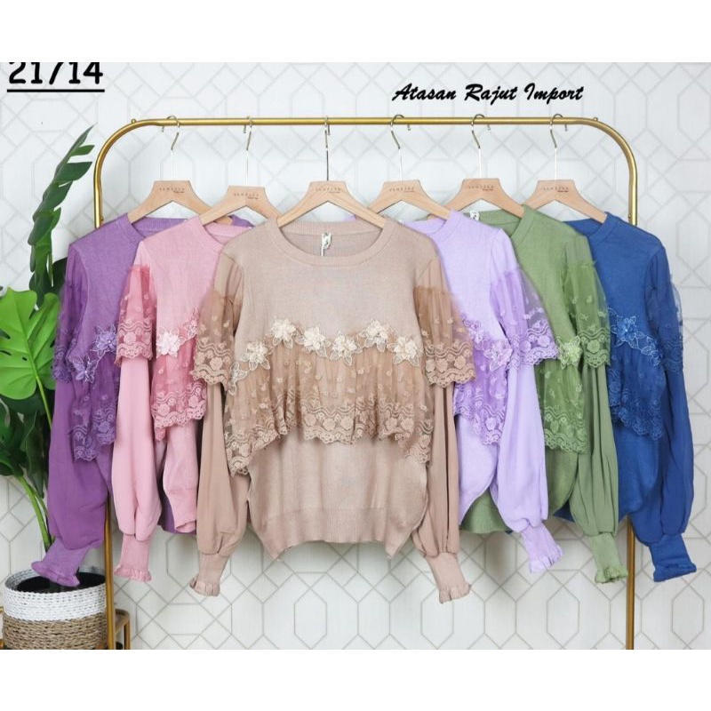 promo fhasion wanita-atasan rajut polos renda rempel dada brukat rumbai slimfit premium import/termu