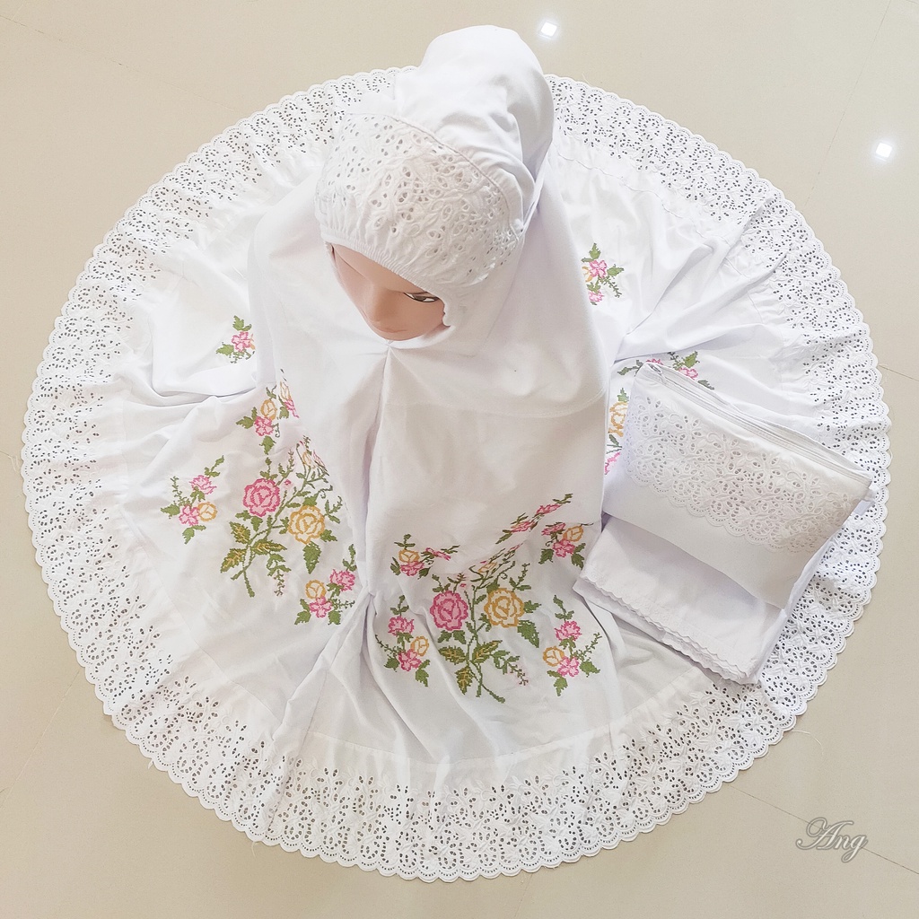Mukena khadijah Bordir Strimin ( kristik ) khas Bukittinggi / Padang bahan Katun Mikro