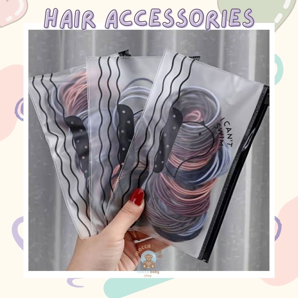 MBSS - IKAT RAMBUT ONNIE 100pcs + pouch ikat rambut karet polos warna-warni anak dewasa import ala korea