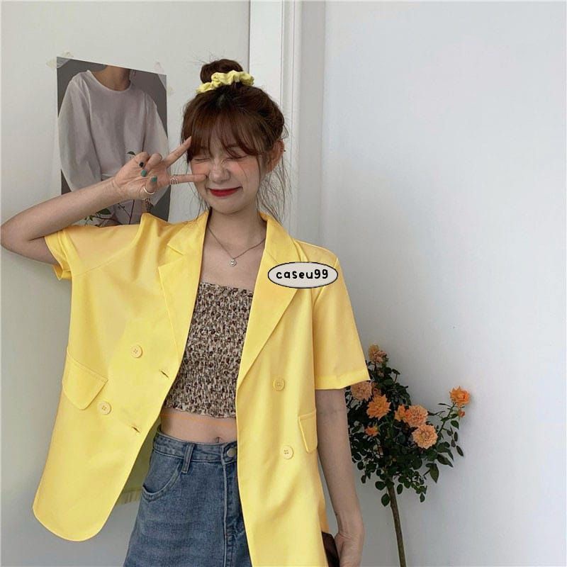 blazer basic lengan pendek 4 button kancing kerah short Sleeve kuning cewek perempuan wanita formal kantor kantoran