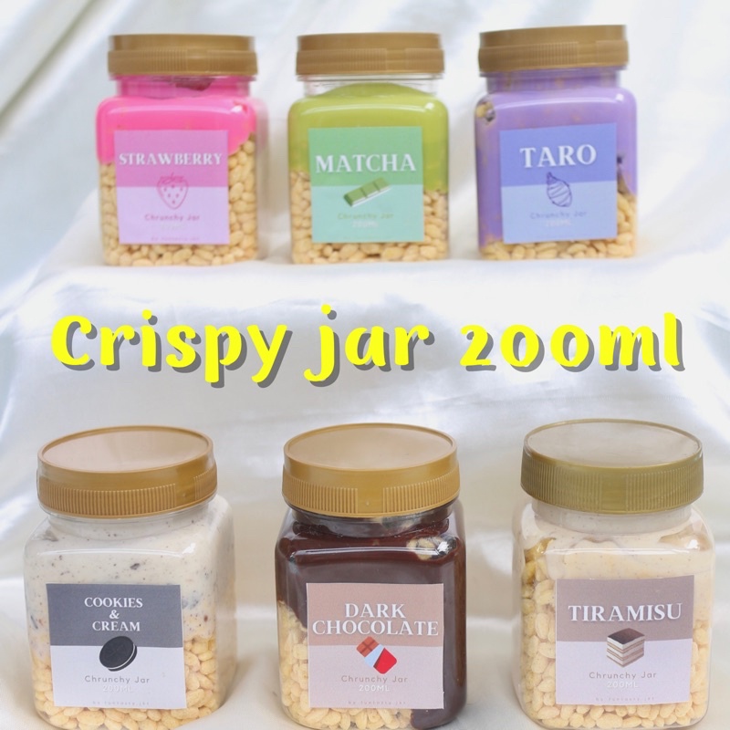 

crispy jar 200ml crunchy coklat tiramisu cookies cream strawberry taro matcha cemilan snack nyam nyam jajanan hampers hadiah ultah birthday graduation sempro