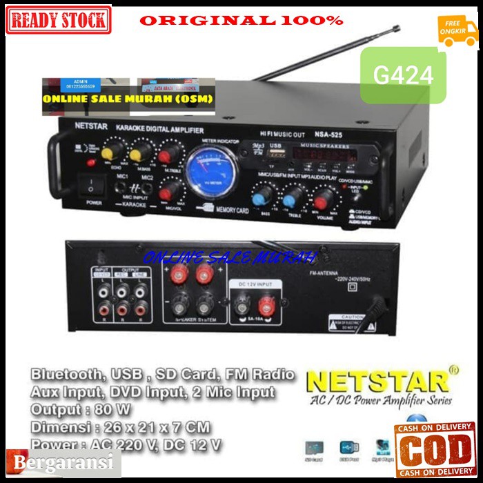 G424 ORI 100% netstar digital echo mixer mixing power ampli bluetooth Amplifier bluetoot bluetot karaoke blutut USB MP3 player audio sound system AC DC profesional pro aux dj vocal vokal channel chanel G424  MAXSIMAL SPEAKER PASIF UKURAN BISA.SAMPAI 12 IN