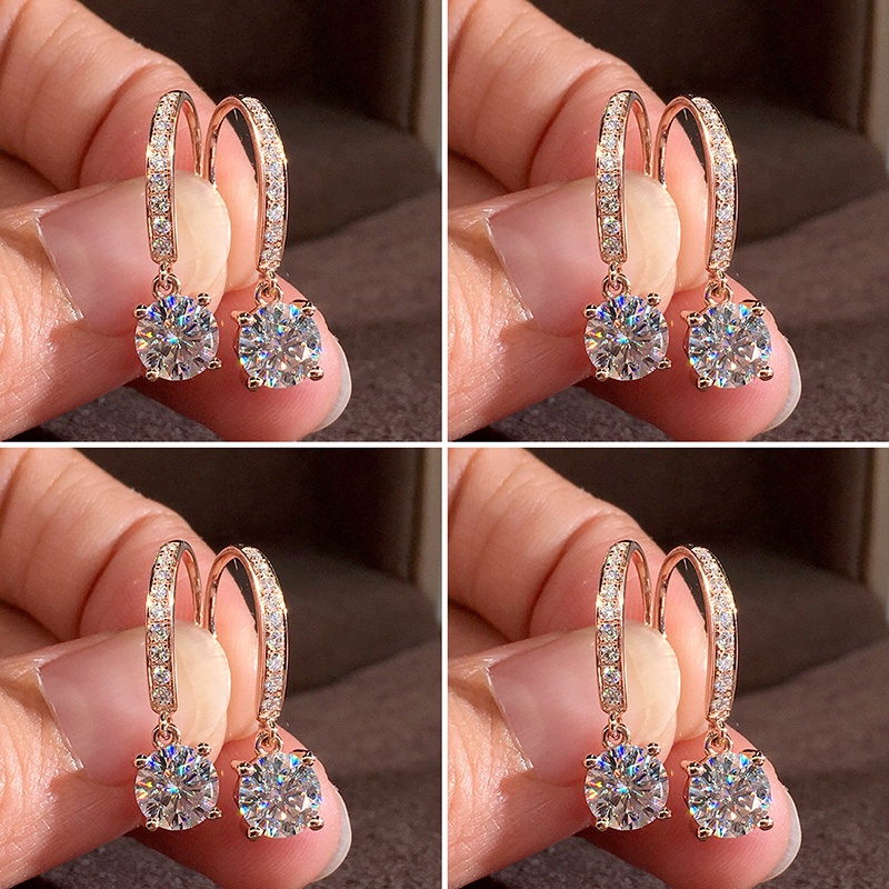 Anting Drop Liontin Cubic Zirconia Bentuk Bulat Warna Rose Gold Untuk Pengantin Wanita