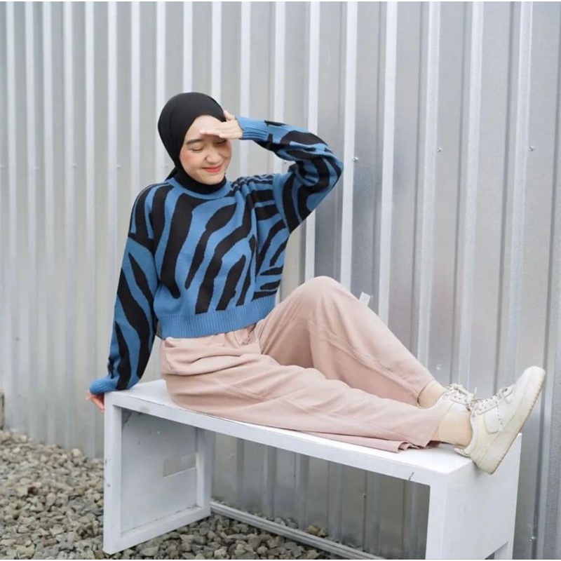 Zebra croope knite sweater rajut wanita murah