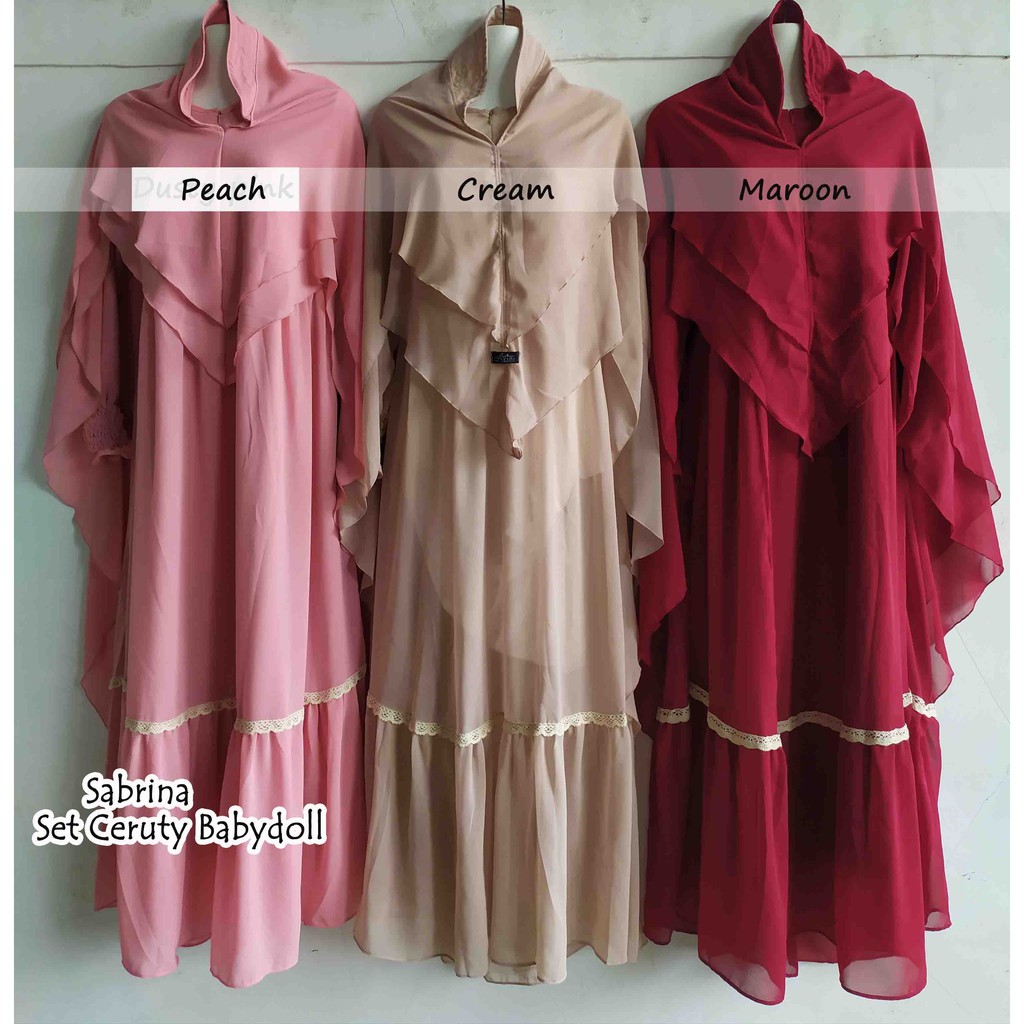 Gamis Set Ceruty Babydoll Syar'i/ Set Ceruty Babydoll Khimar Pet 2 Layer