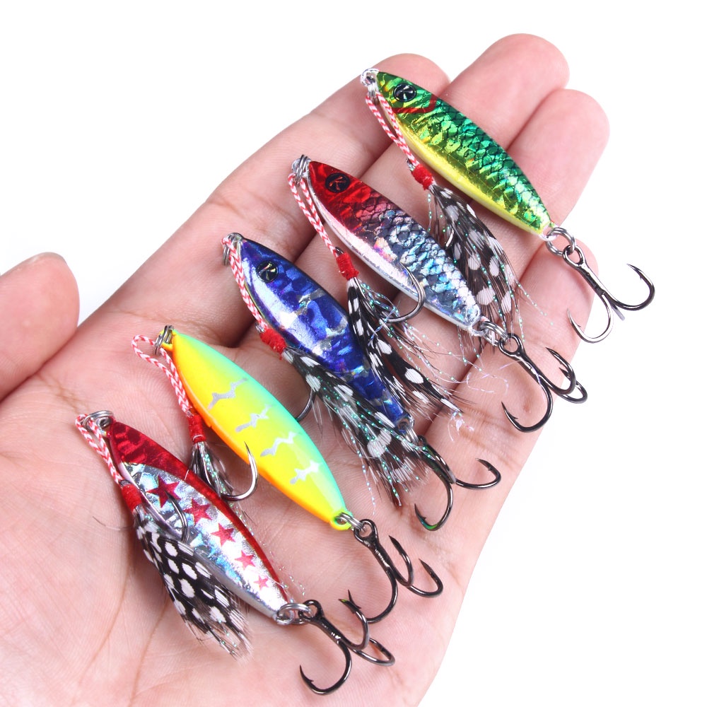 5pcs Umpan Pancing Jigging Metal Dengan Kail Treble / Single + Bulu Ukuran 14G / 4.8CM