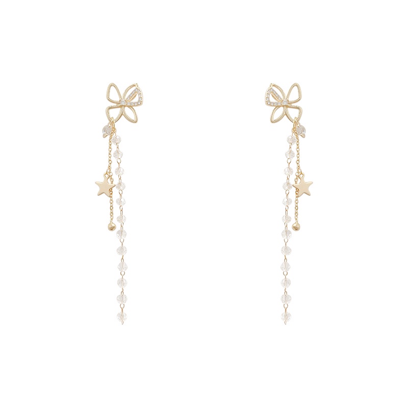 Bowknot crystal long tassel dangle earrings Korean temperament net red personality earrings for women