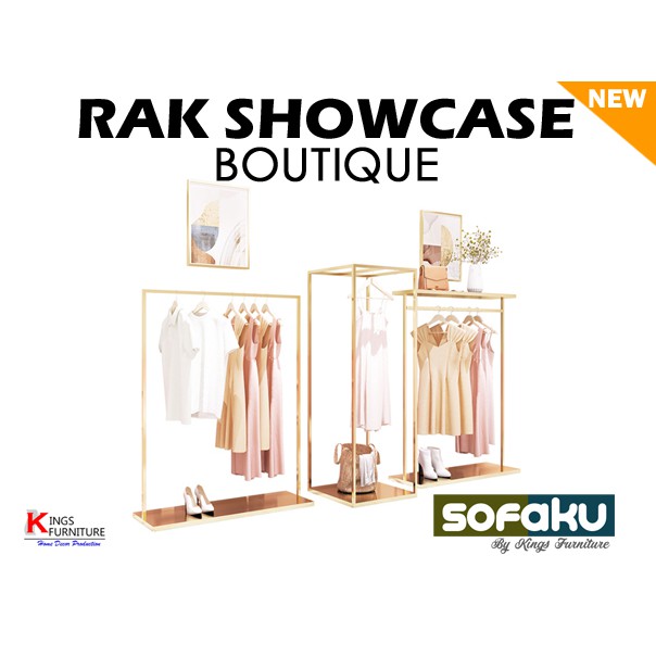 Rak Showcase Boutique - Rak Pajangan Baju Gantung Mewah Emas - Rak Pajangan Baju Outlet Distro