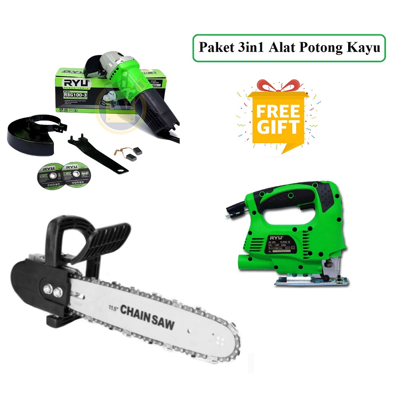 PAKET 3in1 Alat Potong Kayu ( Mesin Gerinda 4 Inch RSG 100-3 + Adaptor Chainsaw art + Mesin Jigsaw Kayu RJS 65-1E )