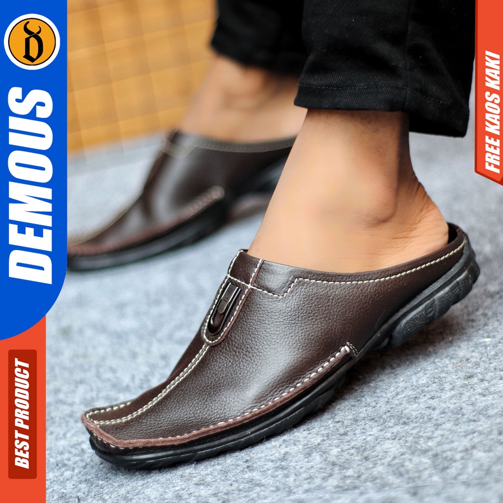 Sepatu Sandal Pria Kulit Asli Sendal Bustong Slop Hitam DEMOUS BUTENG