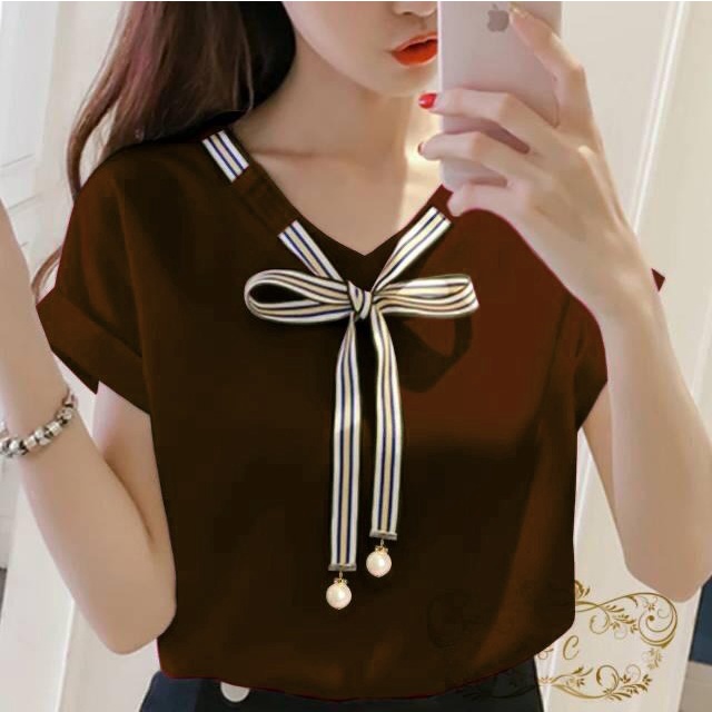 BISA COD - BLOUSE LAURA Blouse Korean Style Wanita Remaja Atasan Kaos Blouse Wanita Dewasa Lengan Pendek Bahan Balotelly-Coklat Tua