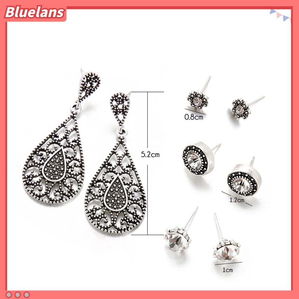 Set Perhiasan Anting Stud Liontin Bentuk Tetesan Air Rongga Warna Silver Gaya Boho Antik Retro