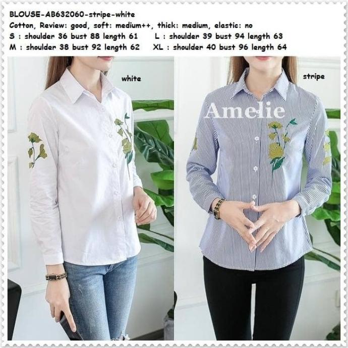 Baju Atasan Kemeja Kerja Bordir Putih Garis Blouse Wanita Korea Import