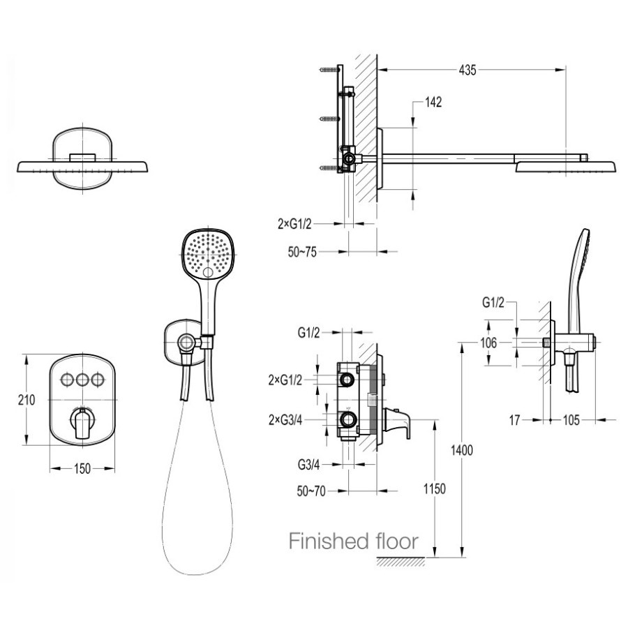 PALOMA FCP 3128 Keran Mixer Shower Tanam Set Dinding Tembok Kran Air