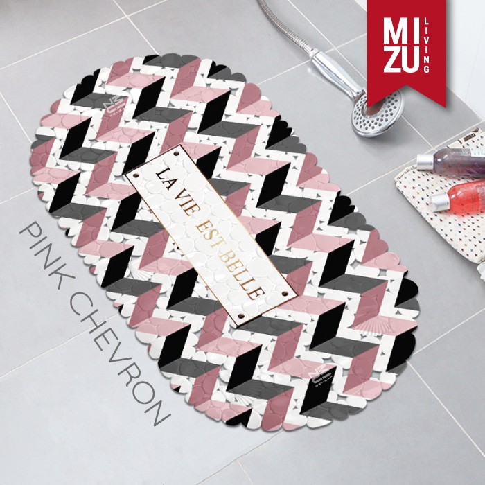 ARTISTIC Shower Bath Mat Keset Mandi PVC Penghisap Anti Slip Suction Cup 35x70cm-PINK CHEVRON