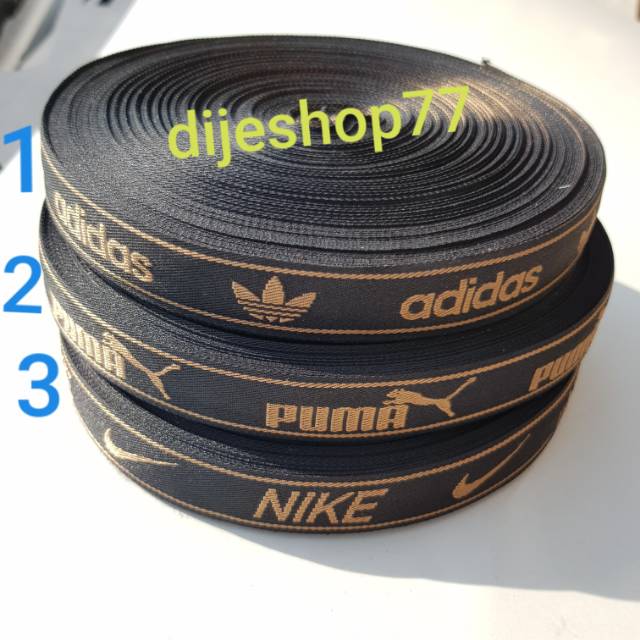 Pita webbing tebal import PREMIUM / pita Hitam Emas Gold / Adidas Puma Nike / tali neck strap label