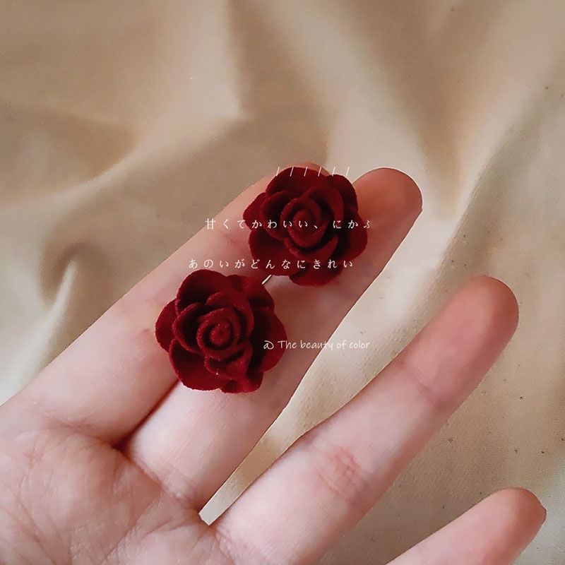 Anting Tusuk Gantung Wanita Desain Bunga Mawar Merah Wine Gaya Perancisretromusim Dingin