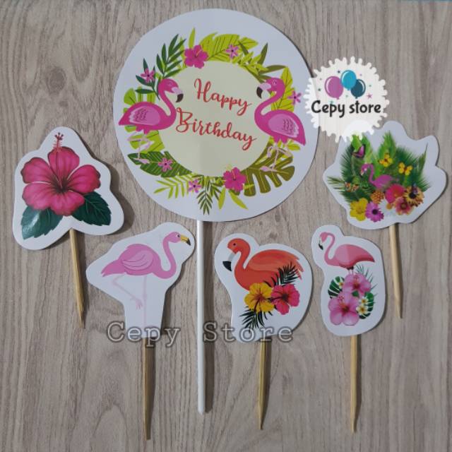 Cake Topper Happy Birthday / Cake Topper Flamingo / Hiasan Kue Flamingo