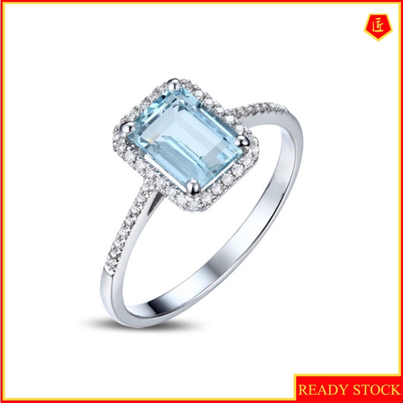 [Ready Stock]Simple Personality Topaz Square Blue Diamond Ring