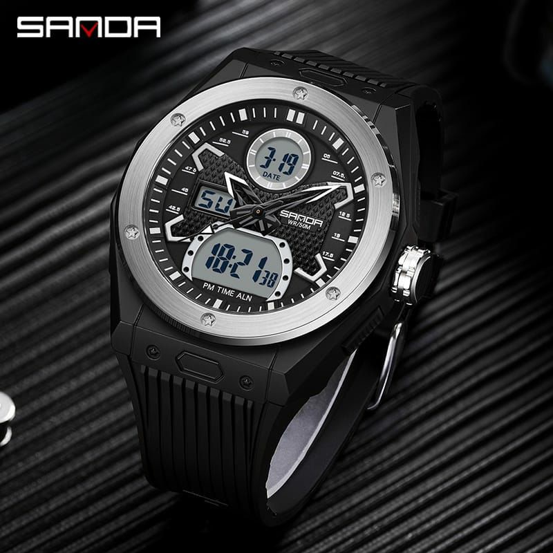 Original SANDA 3138 Jam Tangan Pria Digital Analog EL Backlight Sport Watch Anti Air