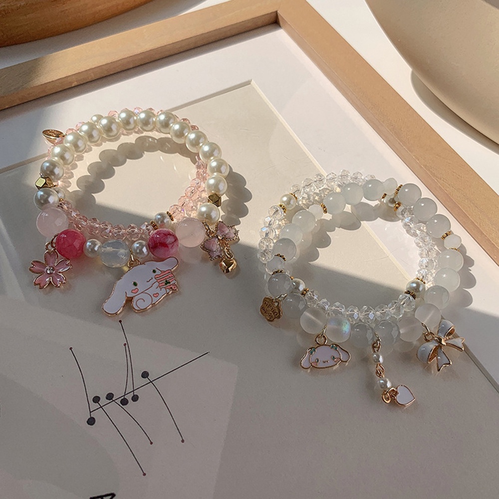 2pcs Gelang Manik-Manik Kristal Mutiara Dengan Liontin Kartun Lucu Untuk Wanita