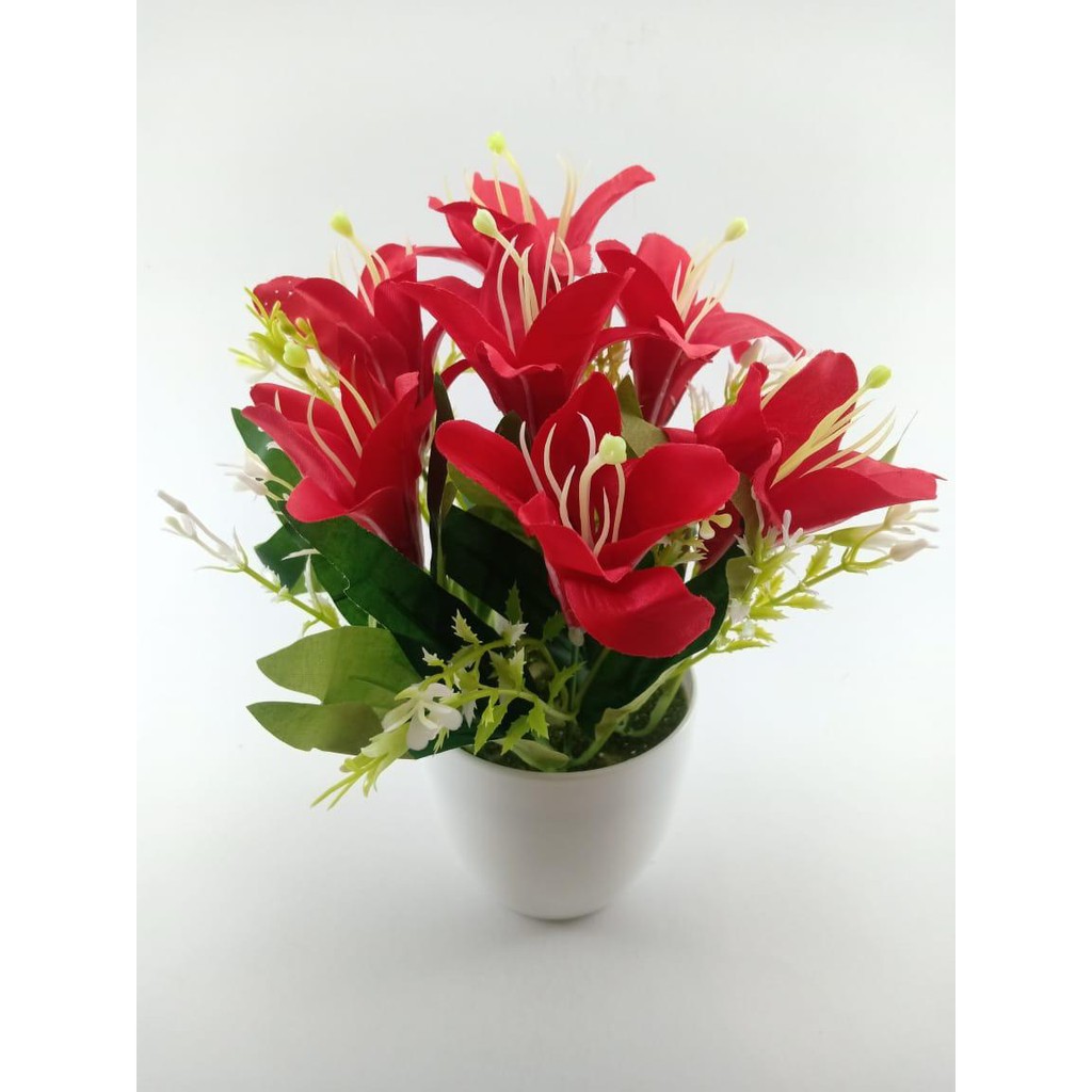 COD BUNGA PLASTIK BUNGA PAJANGAN IMITASI BUNGA ARTIFISIAL BUNGA LILY BUNGA HIAS PLASTIK BP8848-MERAH