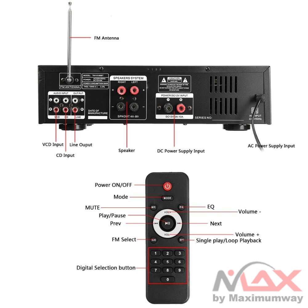 Sunbuck Home Theater 2000W AMPLI Bluetooth EQ Audio Amplifier Home Theater Stereo Amplifier FM RMS 500 x 2 Murni - TAV-6188 Warna Hitam