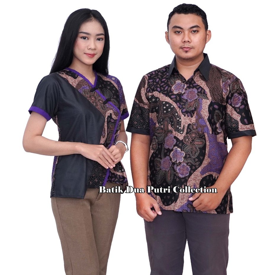 Couple Batik Atasan Wanita Kemeja Pria Wara Ungu Kombinasi Hitam By Batik Dua Putri Collection