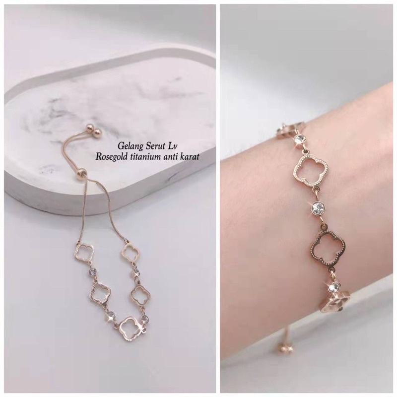 Gelang tangan clover bolong zircon titanium korea anti karat