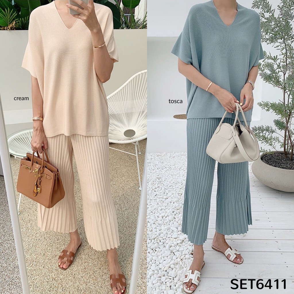SET6411 Mixmax Knit Set Top & Pleated Pants