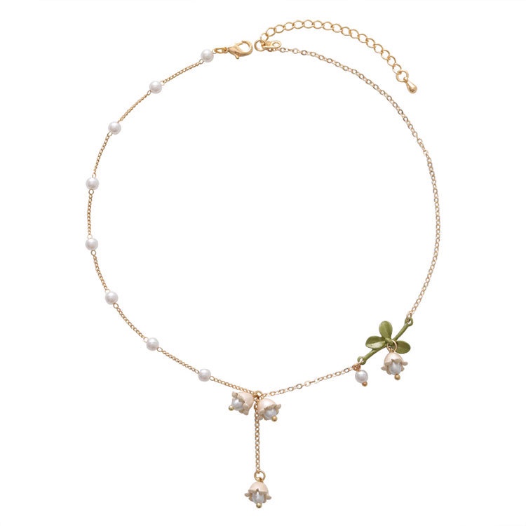 COD❤️Kalung Wanita Lily of the Valley Flower Pearl Spring Desain Unik Anting Pejantan Elegan Yang Indah untuk Anak Perempuan Aksesoris Fashion Perhiasan Fashion Simple Murah