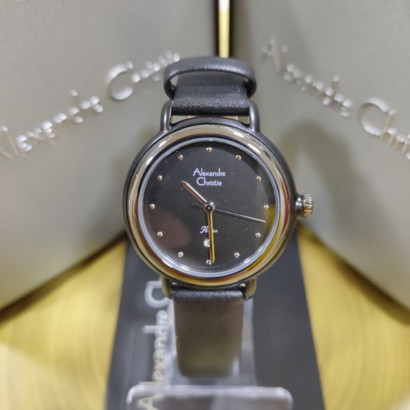 Jam Alexandre Christie AC 2963 LD LIP Wanita Hitam Kulit Hitam Bulat