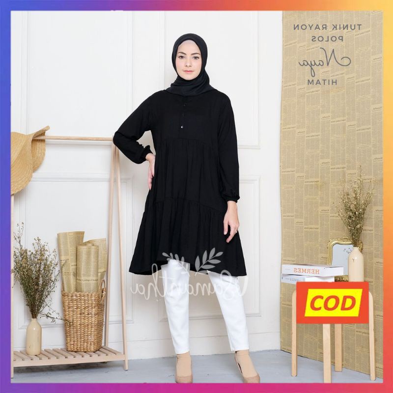 Nanoystore - Tunik Muslim Polos Lengan Panjang Motif Naya Bahan Katun Rayon Premium Warna Hitam