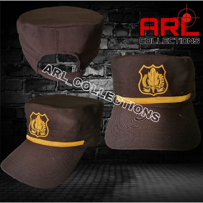 topi satpam security coklat terbaru/topi pet satpam lis kuning