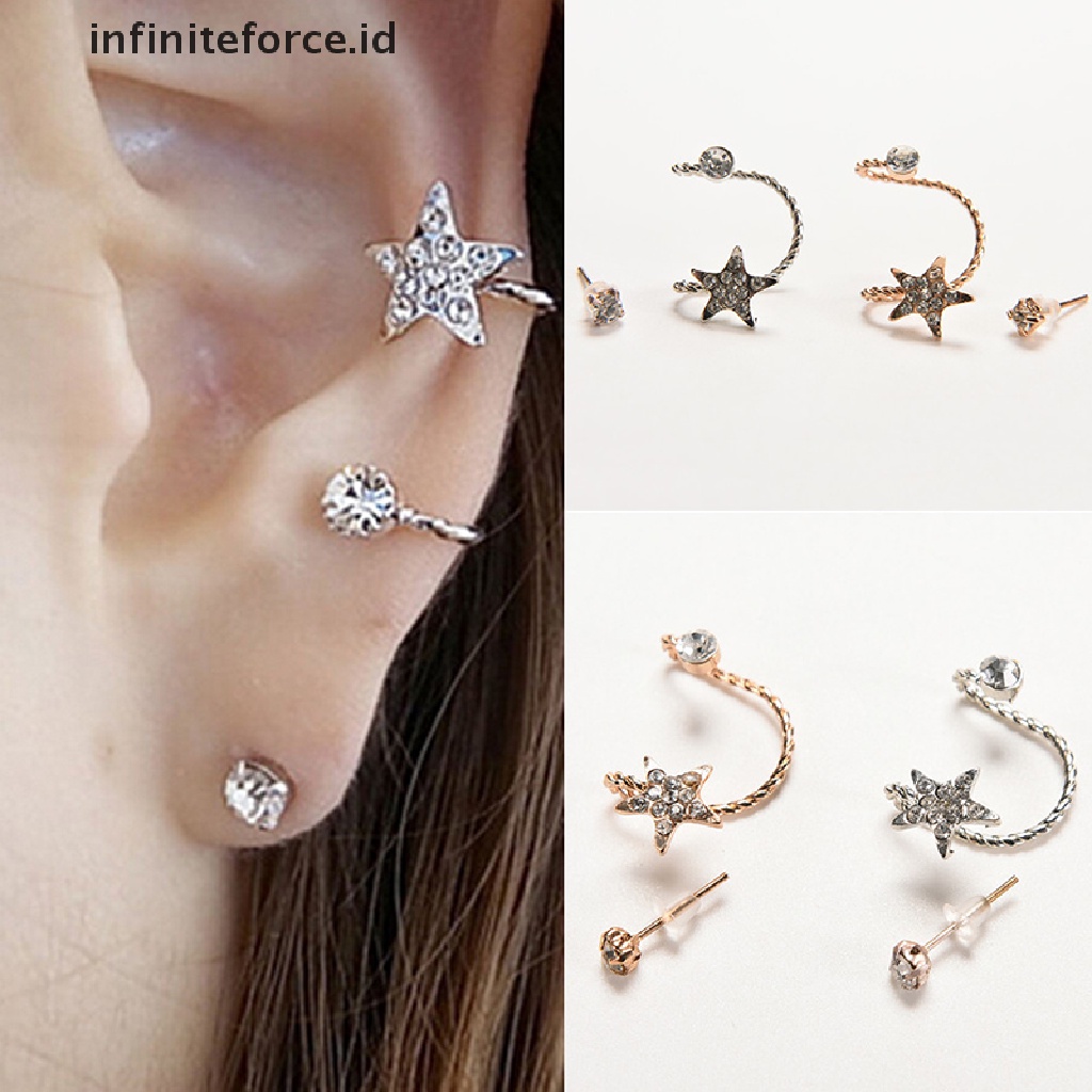 Infiniteforce.id Anting Klip Jepit Wanita Desain Pentagram Hias Kristal Berkilau