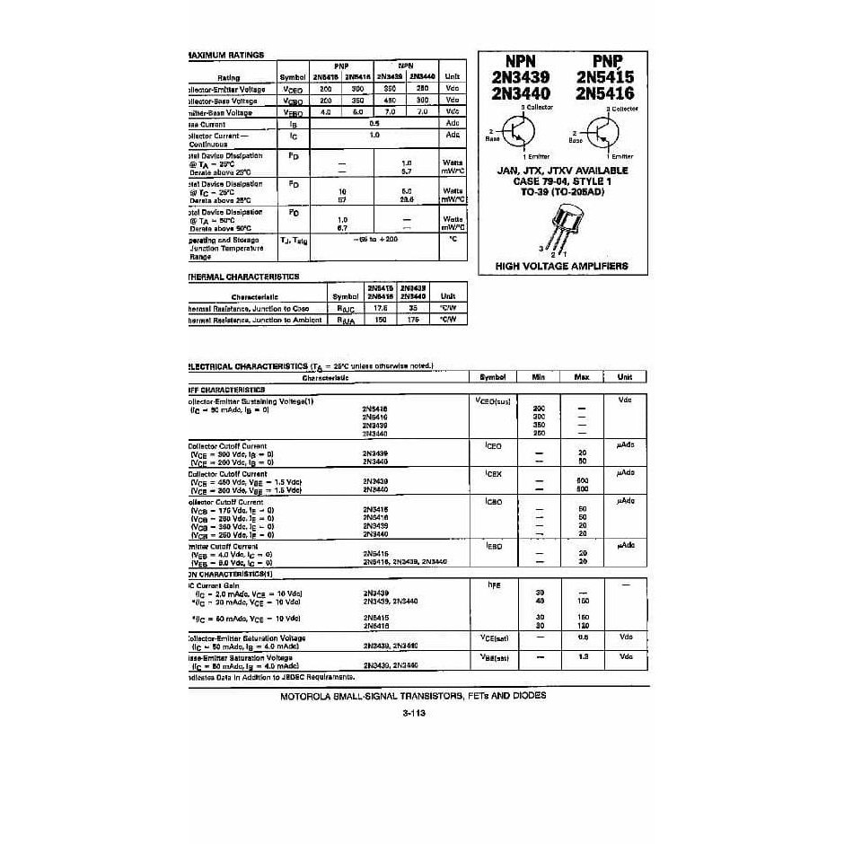 Motorola 2N3440 High Voltage NPN Transistor JEJ00 Kualitas Baik