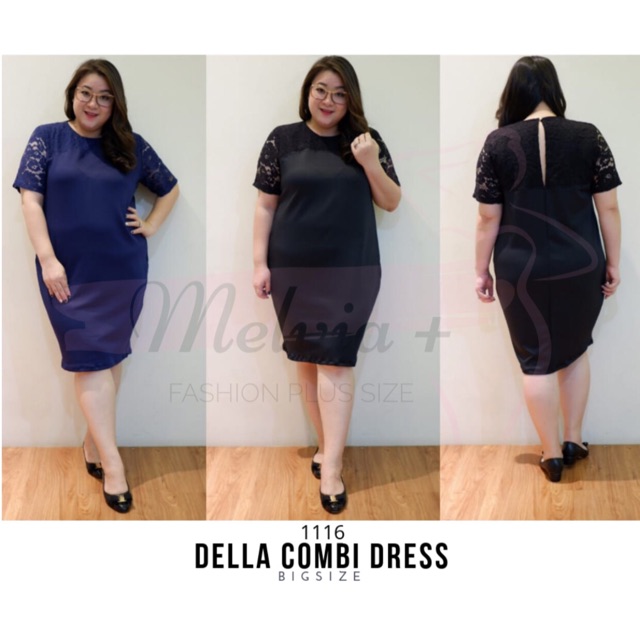 BF 1116 Dress Kombinasi Brukat dan Scuba Jumbo Big Size Wanita Della Combi Dress Bigsize